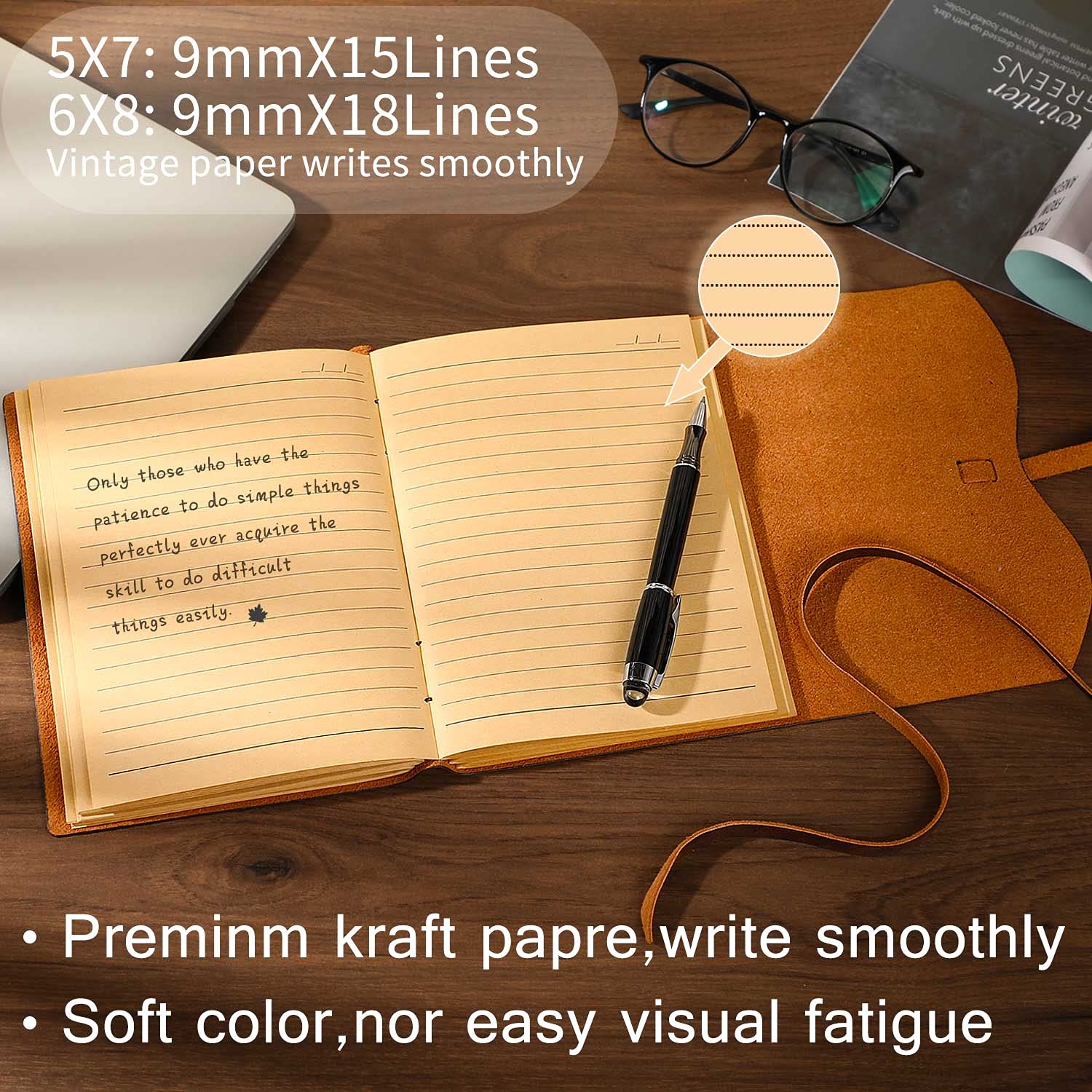 Hotcinfin Leather Bound Journal for Men/Women, Rustic Vintage Handmade Large Writing Notebook with 240 Kraft Lined Pages(5x7 inc