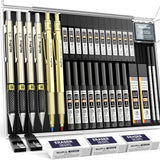 Nicpro 37PCS Gold Art Mechanical Pencil Set, 4PCS Metal Drafting Pencil 0.3/0.5/0.7/0.9 mm & 2PCS 2mm Lead Holder (6B 4B 2B HB 2