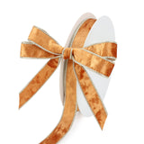 DINDOSAL Cinnamon Velvet Wired Ribbon 1 Inch Thin Two Tone Burnt Orange and Gold Velvet Christmas Tree Ribbon for Gift Wrapping,
