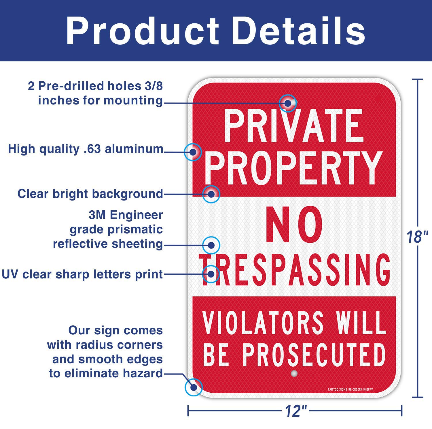 (2 Pack) Private Property No Trespassing Sign, Violators Will Be Prosecuted, 18 X 12 Engineer Grade Reflective Sheeting Rust Fre