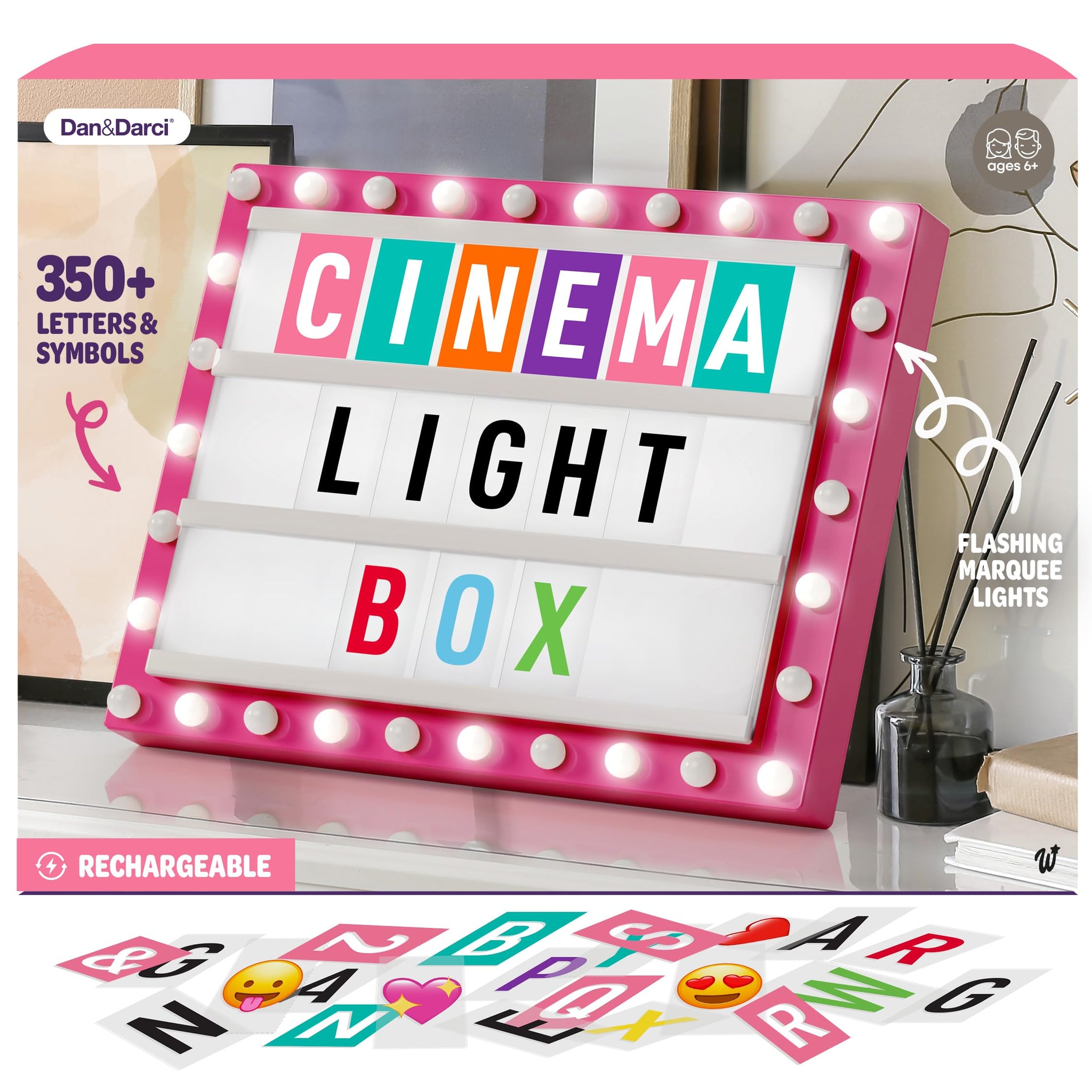 Dan&Darci Cinema Light Box for Girls - Gifts for 8 9 10 11 12 Years - Gifts for 10 Year Old Girl - Pink Christmas Decor for Teen