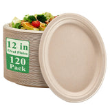 Vplus 100% Compostable Oval Paper Plates 12 inch 120 Pack Super Strong Disposable Dinner Plates Natural Biodegradable Eco-Friend