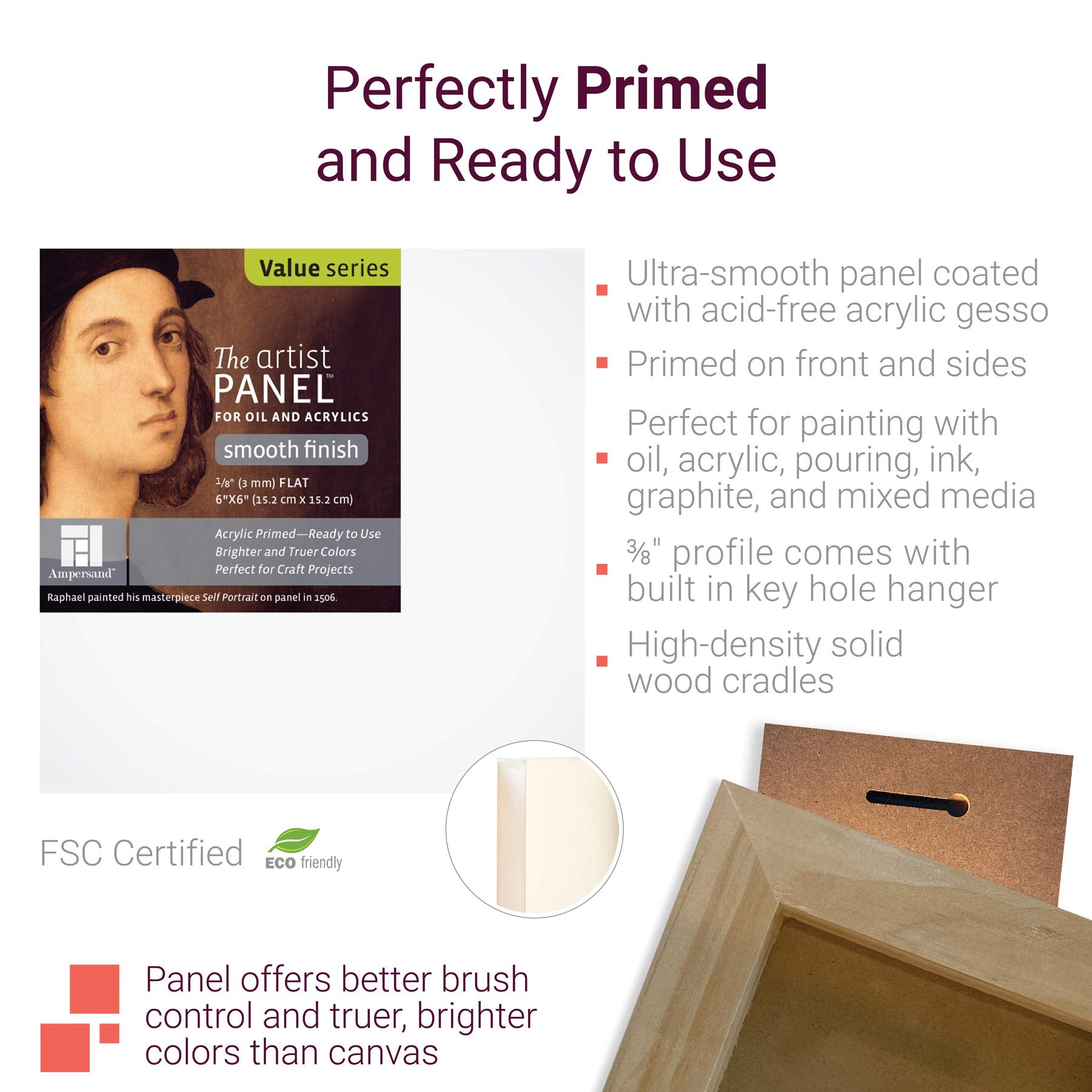Ampersand Art Supply Wood Gesso Artist Painting Panel: Primed Smooth, 9,, X 12,,, 1-1/2,, Cradled Profile