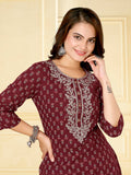 Rangita Maroon Cotton Calf Length Embroidered Straight Kurti For Women | Kurta For Women_M