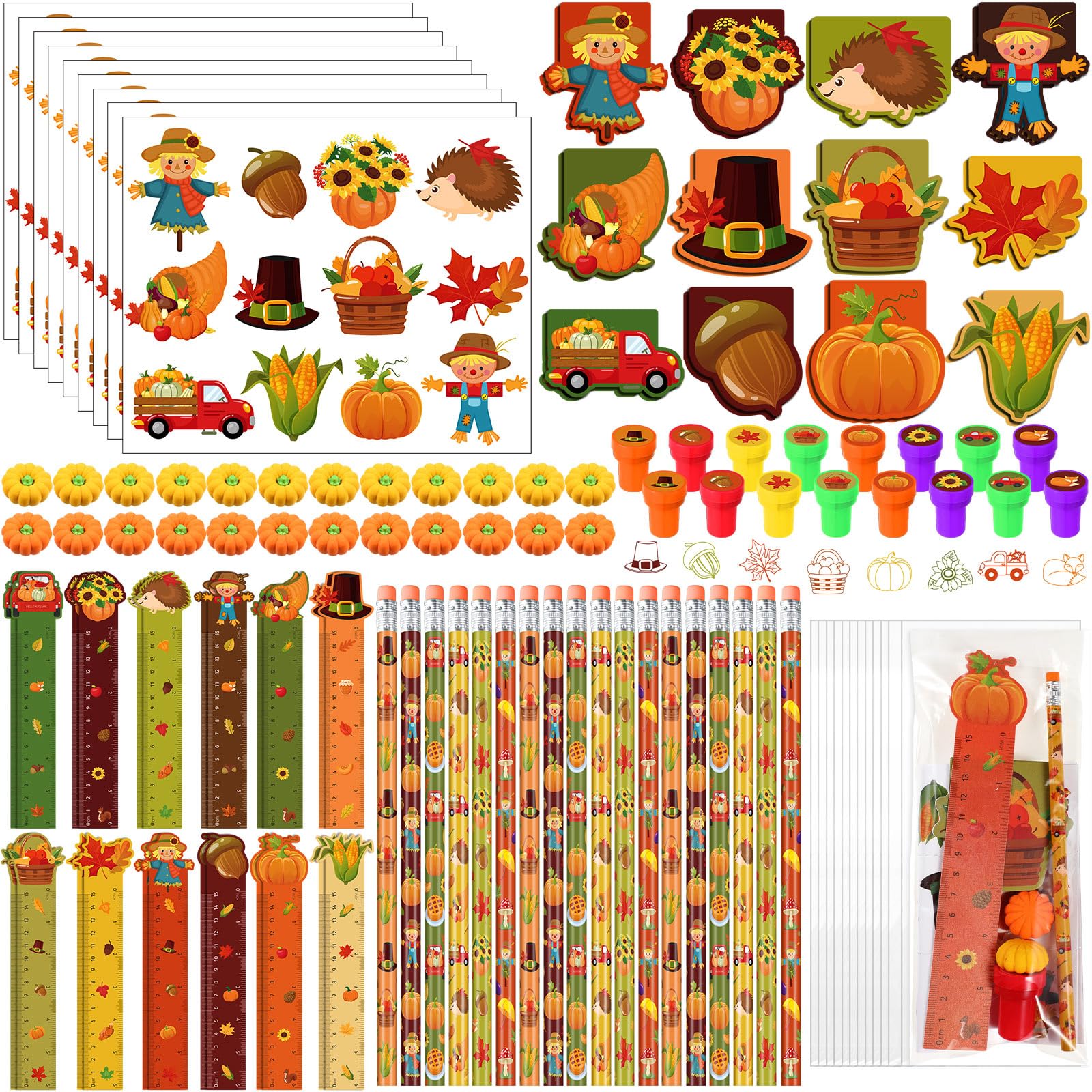 Cholemy 84 Pcs Fall Pumpkin Party Favor Thanksgiving Party Supplies Pumpkin Maple Stationery Set Notebook Sticker Stamper Eraser