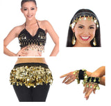 Vritraz WomenS Chiffon Belly Dance Hip Waistband Scarf, Top, Headband, Handcuff With Ringy Golden Coins (Gold) Pack Of 4