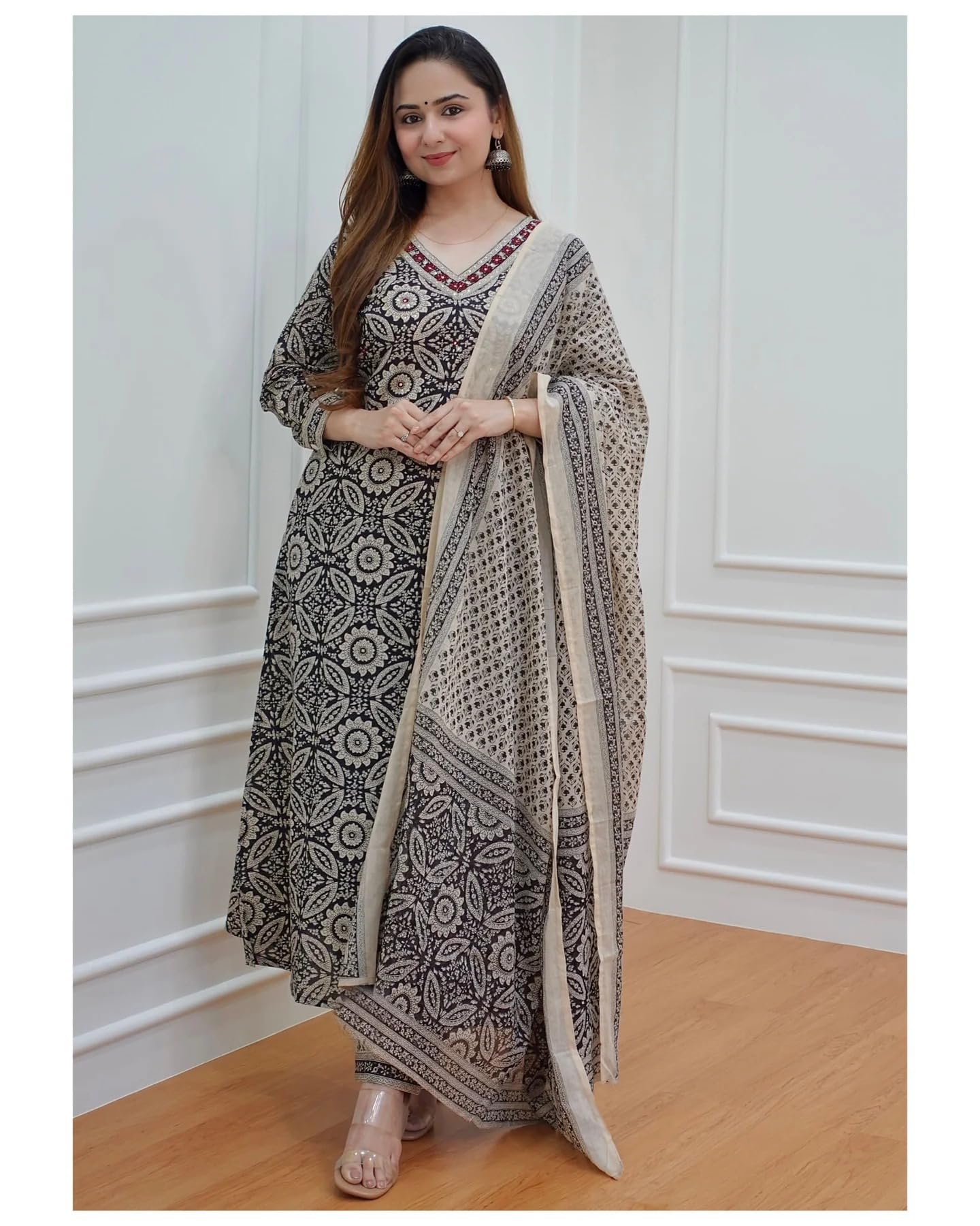 Anni Designer Women'S Cotton Blend Block Printed Straight Kurta With Pant & Dupatta (Nihira Cream_S_Black_Small),Black,S,Cotton Blend,Regular,