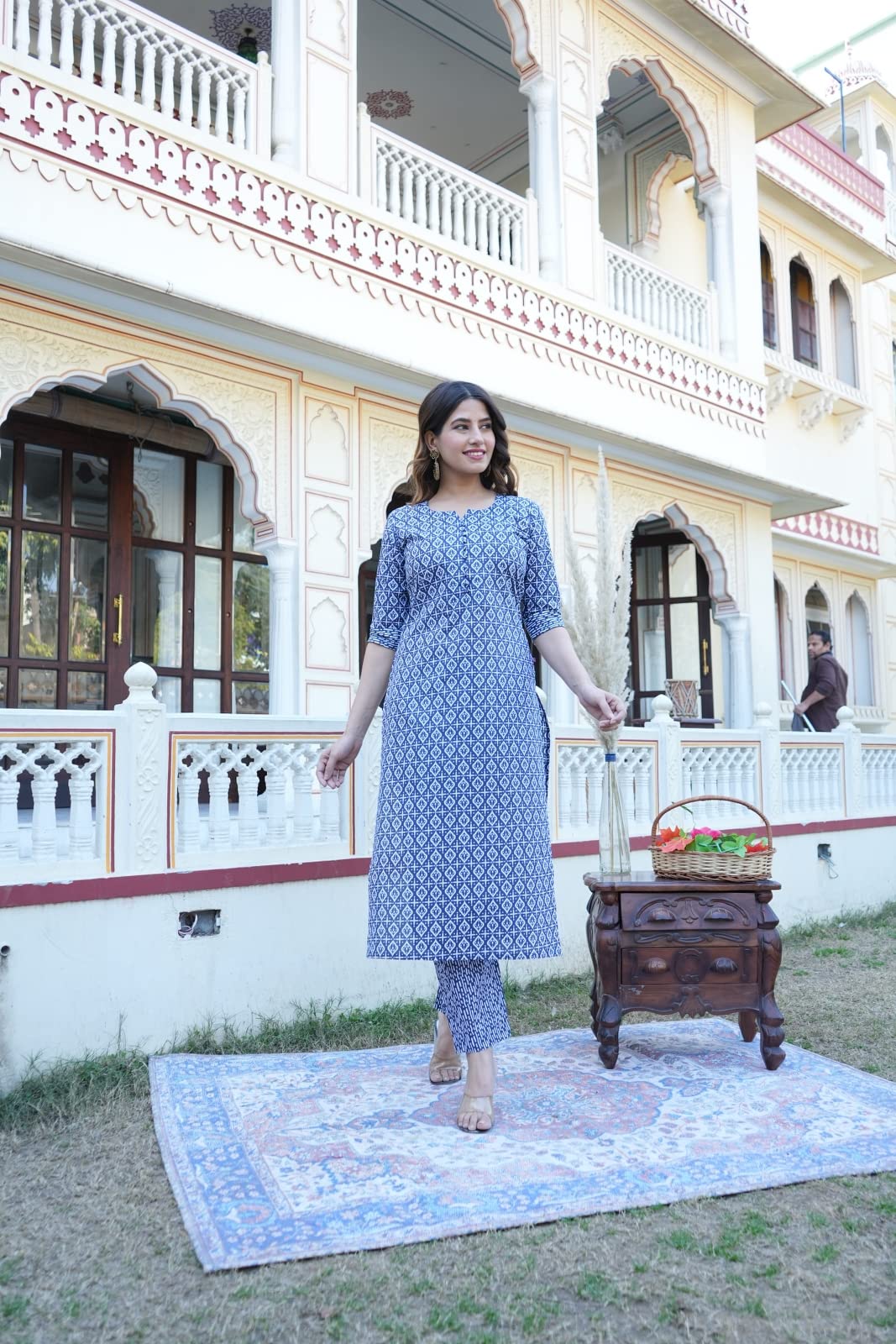 Anni Designer Women'S Cotton Blend Traditional Straight Printed Kurta With Pant Set (Thaya Blue-Jan40_Xl_Blue_X-Large),Blue,XL,Cotton Blend,Regular,Pants