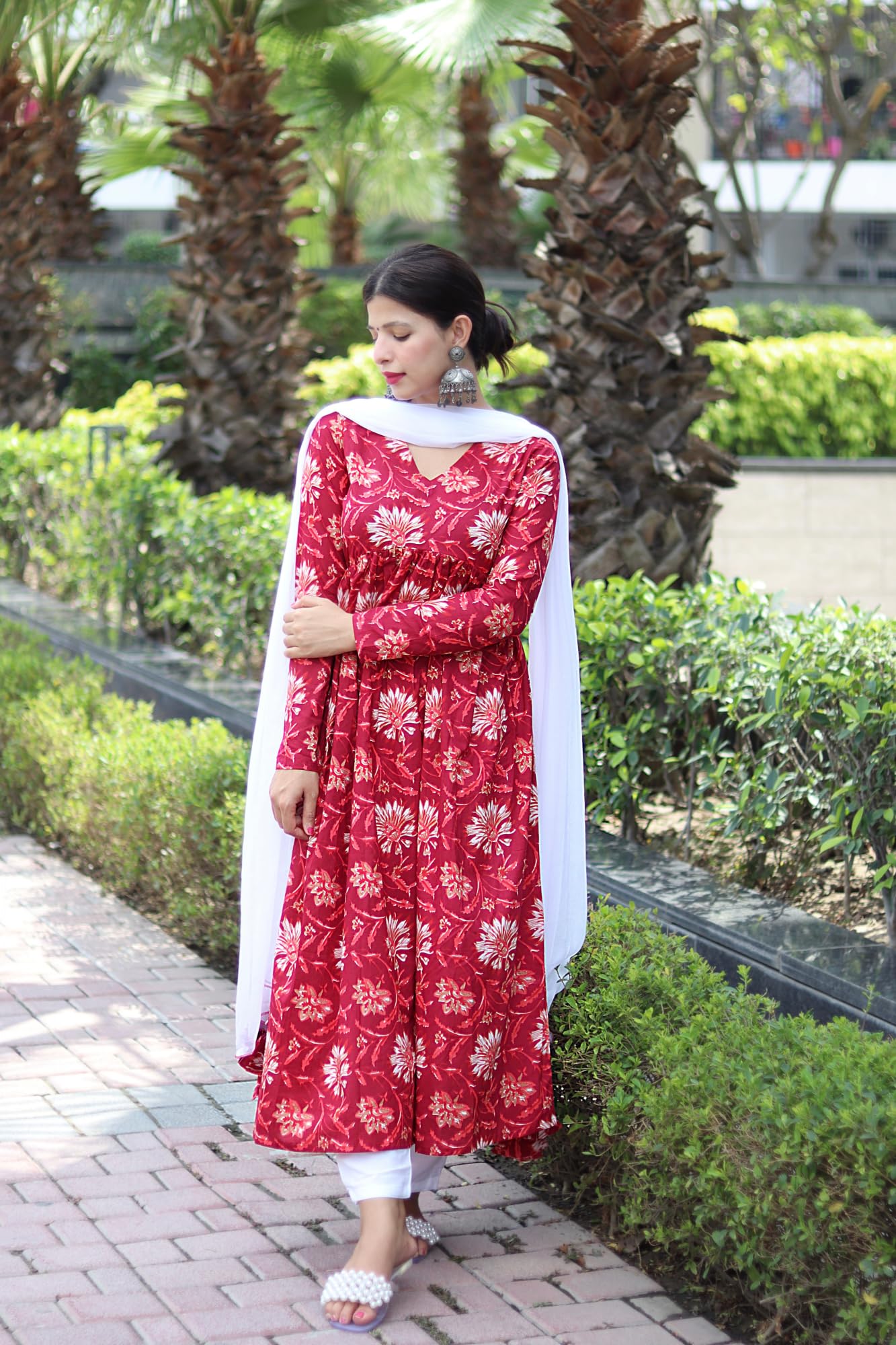 Gosriki Women'S Cotton Blend Anarkali Printed Kurta With Pant & Dupatta (Vanmati Red-Nw-Gs_L_Red_Large),Red,,B0D5VK8WD3