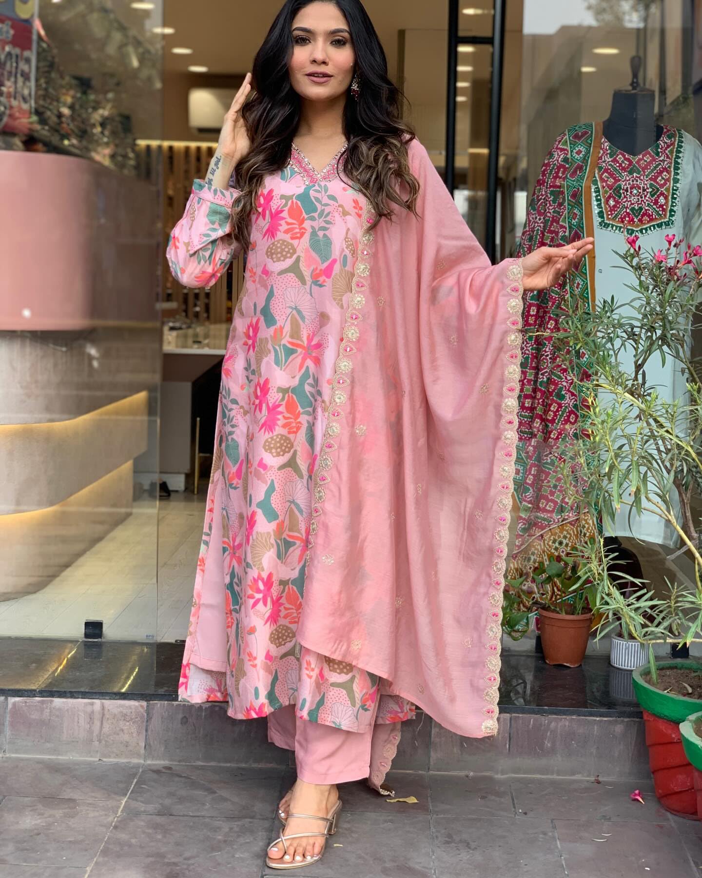 Anni Designer Women'S Rayon Blend Printed Straight Kurta With Pant & Dupatta (Maslin-Multi_Xl_Peach_X-Large),Peach,XL,Rayon Blend,Regular,Kurta, Scarf