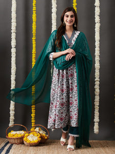 Anni Designer Women'S Cotton Blend Anarkali Printed Kurta With Pant & Dupatta (Toki White_Xl_White_X-Large),White,XL,,,