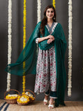 Anni Designer Women'S Cotton Blend Anarkali Printed Kurta With Pant & Dupatta (Toki White_Xl_White_X-Large),White,XL,,,