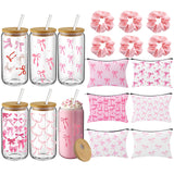 Reallnaive 18 Pcs Pink Bow Glass Cups with Lids Coquette Bow Cosmetic Makeup Bag Pink Hair Scrunchies Ties for Women Birthday We