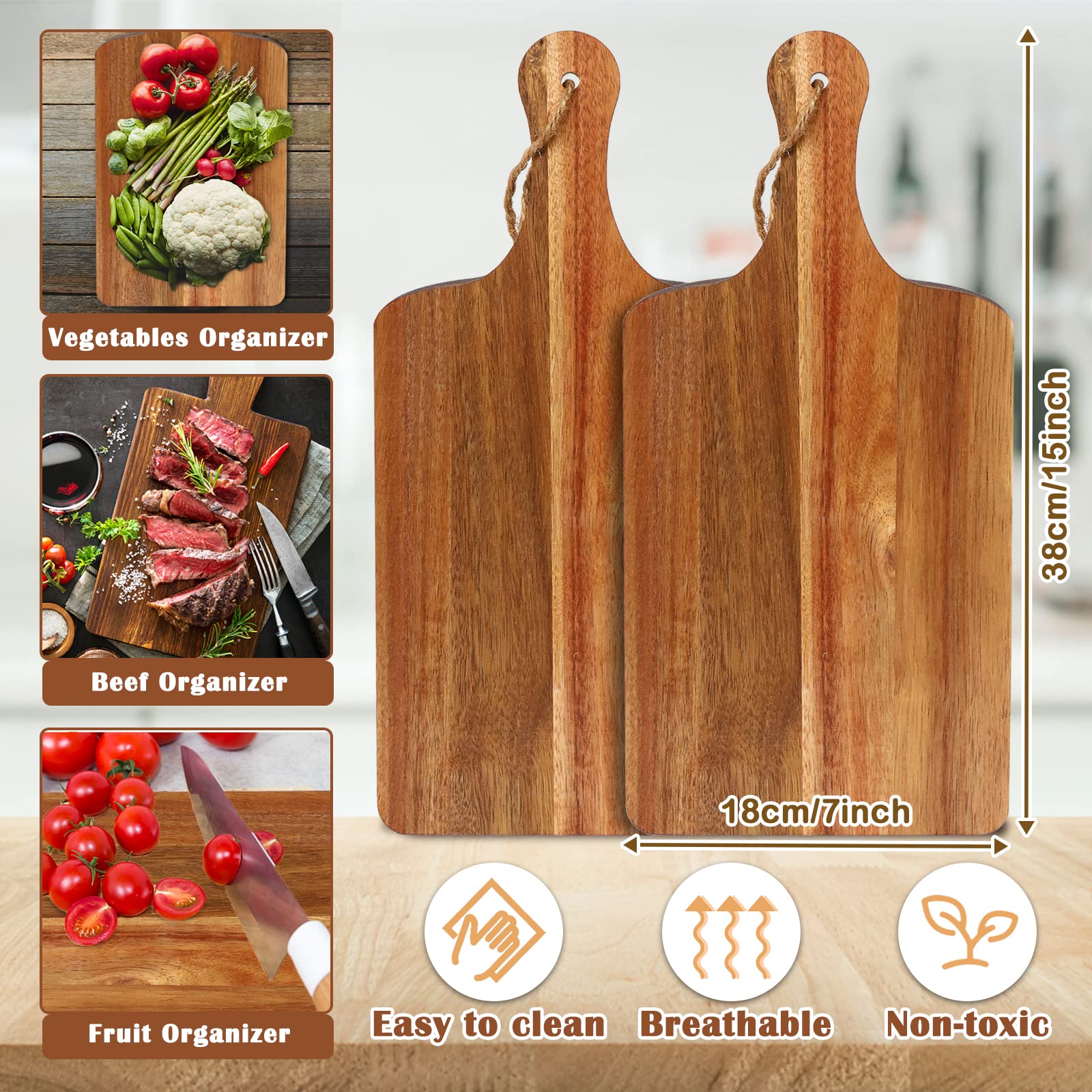 10 Packs Acacia Wood Cutting Board, 15 x 7 Inch Plain Chopping Board with Handles Large Serving Board Wooden Kitchen Cutting Boa