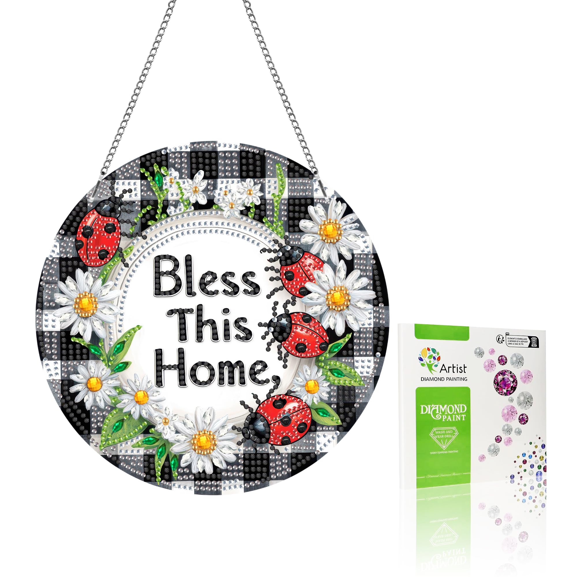 VAIIEYO Bless Diamond Art Hanging Ornament, Home Diamond Painting Suncatchers Window Hanging Kit with Chain, 7.5x7.5 inch Crysta