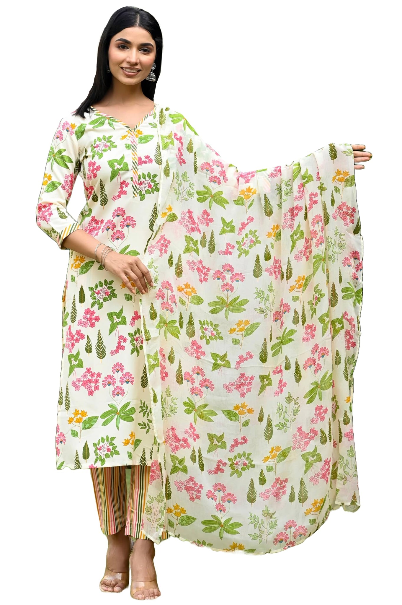 Anni Designer Women'S Rayon Blend Straight Printed Kurta With Pant & Dupatta (Kumud Cream-Vks03_L_Cream_Large),Cream,L,,,