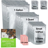 120 PCS Mylar Bags for Food Storage with Oxygen Absorbers - 500cc & 300cc Oxygen Absorbers, 9.5 Mil 3 Sizes (1 Gallon,1 Quart, 1