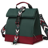 SUNNY BIRD Insulated Lunch Bag Rolltop Lunch Box Tote Bag for Women, Men, Adults and Teens (Green with Boho strap)