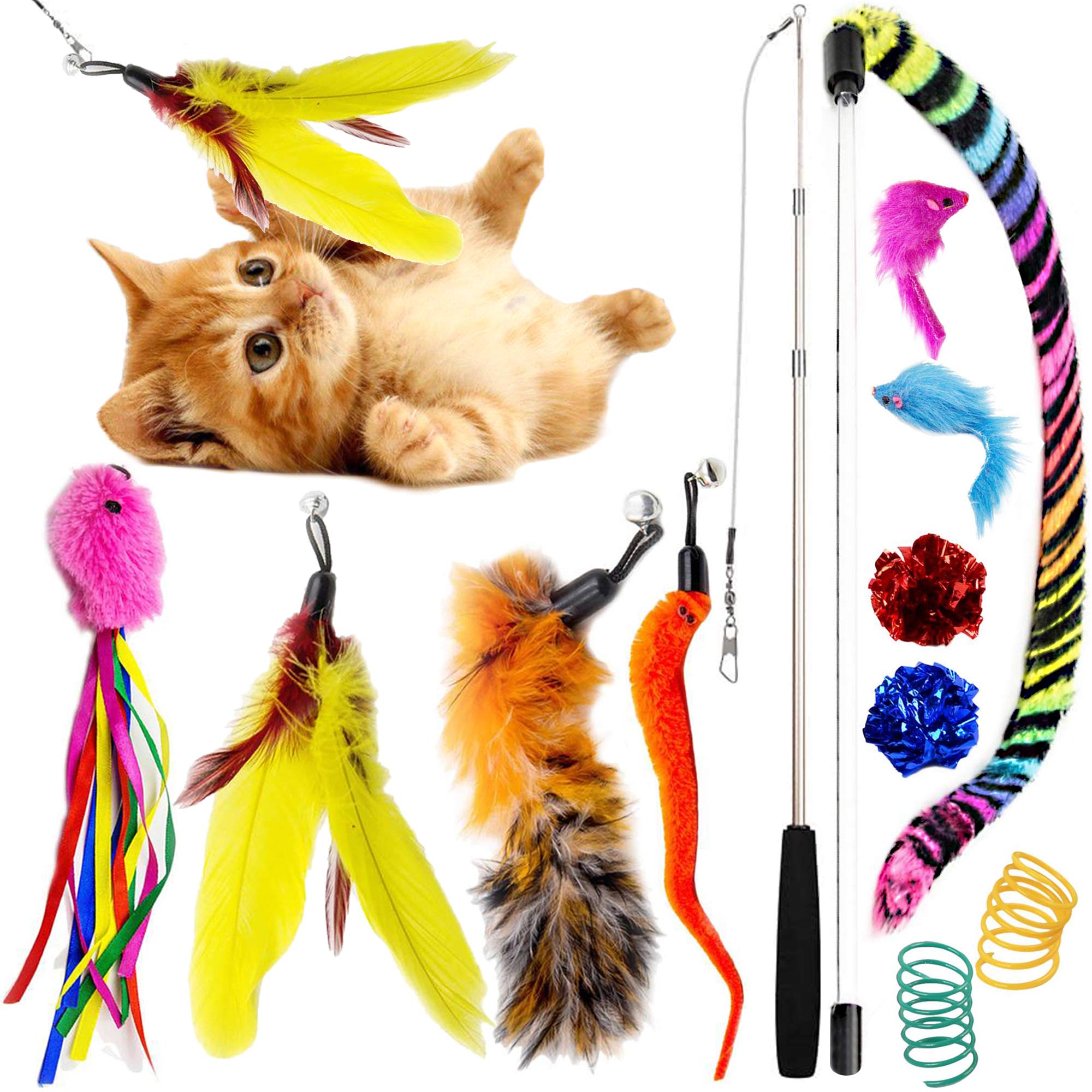 SillyPet Youngever 12 Pieces Cat Toys Teasing Feather Toy, Retractable Wand with Assorted Teaser Refills, Interactive Feather Te