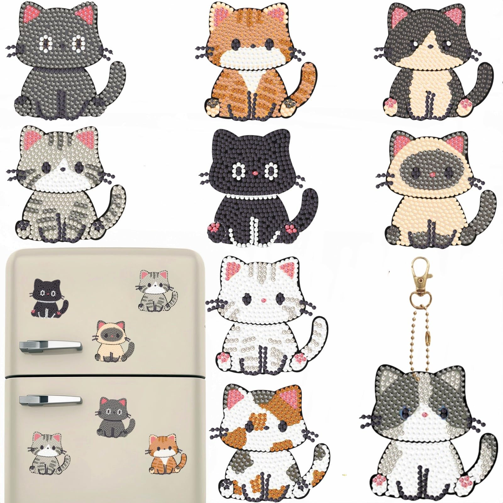 Bulerrylulu 9 Pcs Diamond Painting Magnets Kits Cute Cat Fridge Magnet Stickers Diamond Art Painting Keychains Gem Painting kit 