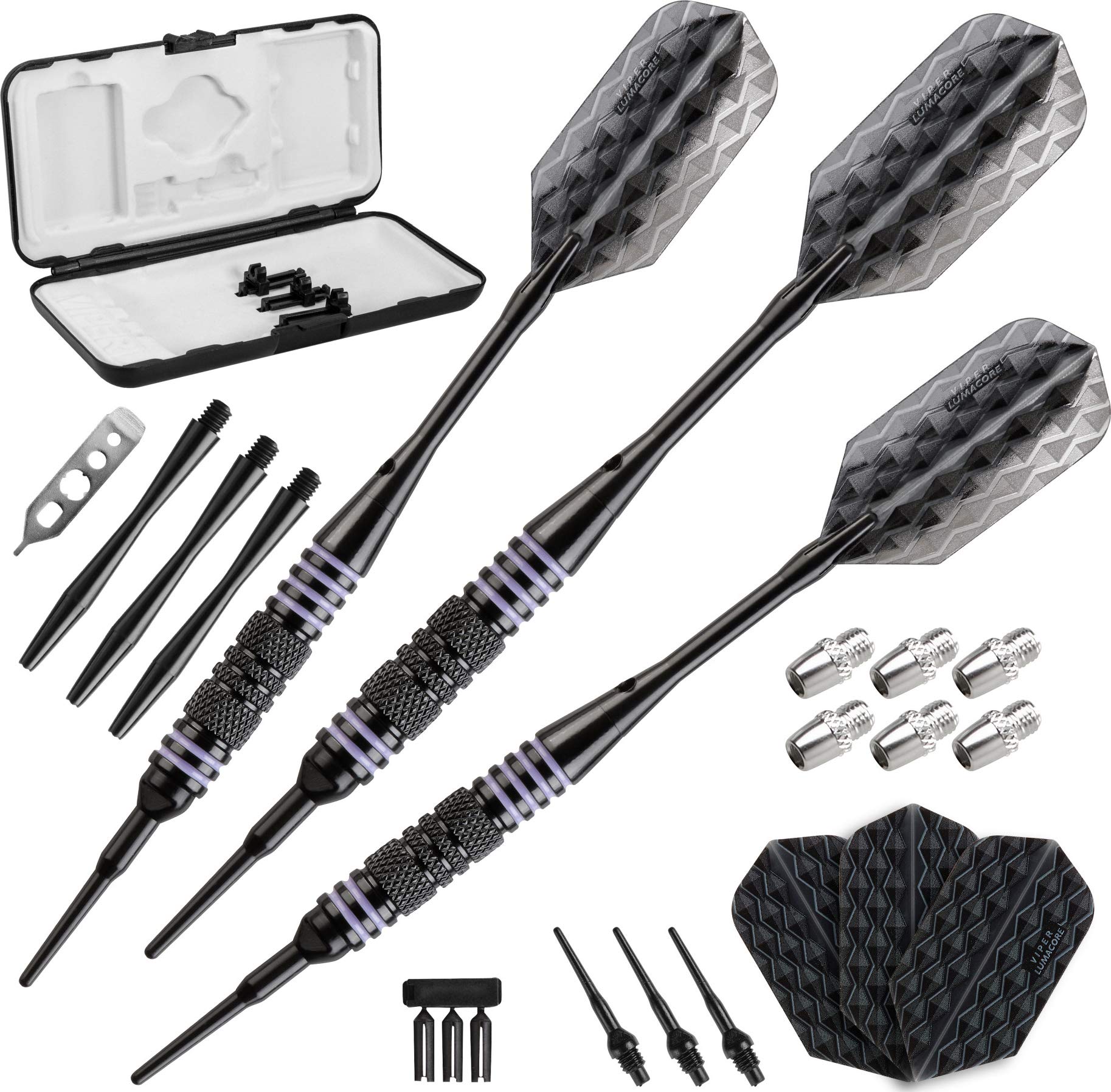 Viper Bobcat Adjustable Weight Soft Tip Darts With Storage/Travel Case: Black Coated Brass, Purple Rings, 16-19 Grams