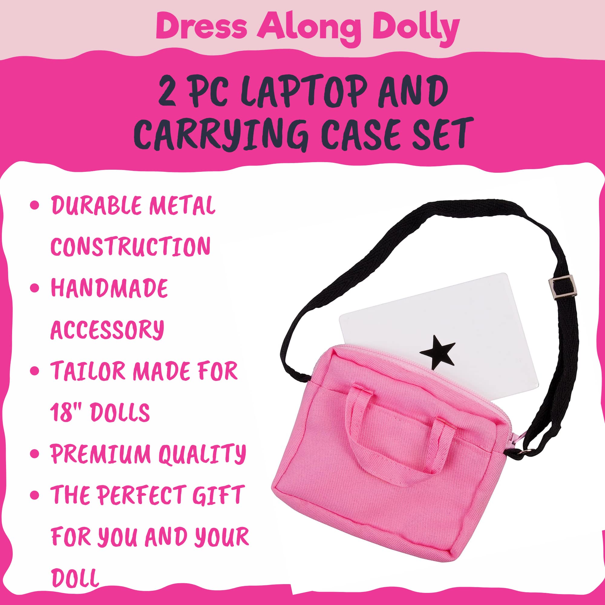 Metal Computer Laptop w Carrying Bag Made for 18 Dolls - Durable Metal Construction w Detailed Display & Pink Accessory Case C