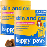 Happy Paws Skin and Coat Supplement for Dogs, Soft Chews with Biotin, Coconut Oil, Vitamins B & E, Organic Coral Calcium, P-18 P