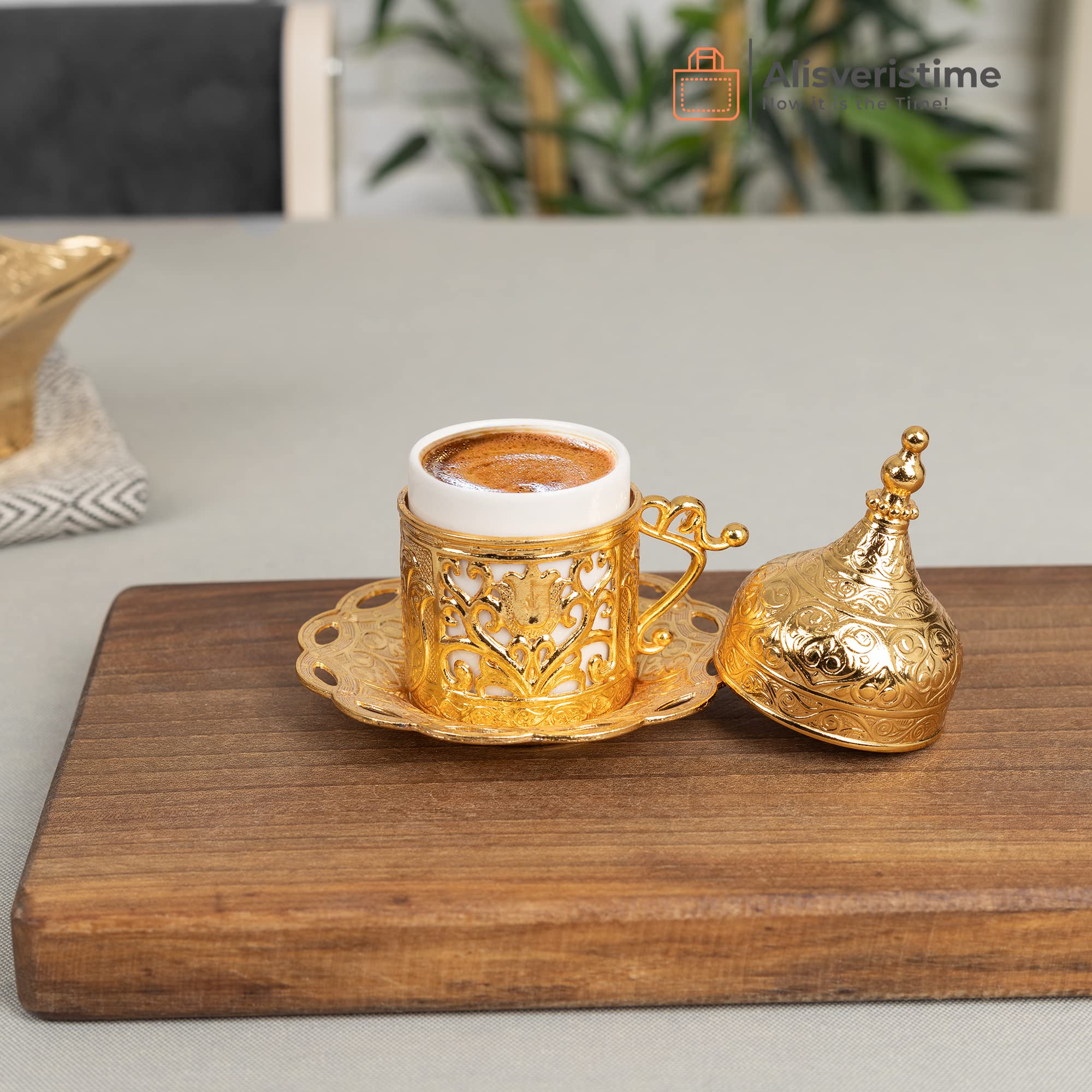 Alisveristime 6-Piece Set Turkish Espresso Coffee Cups with Saucer, Lid, Traditional Ottoman Tulip Motif (Multiple Color Variati