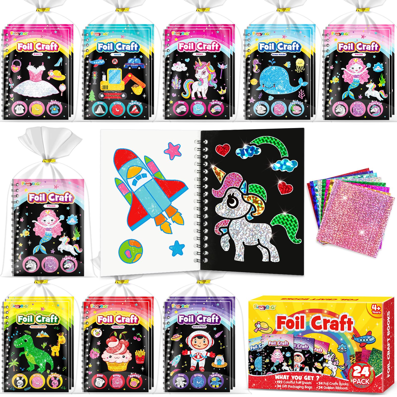 FUNNYB&G Foil Art Party Favors for Kids - 24 Pack Foil Art Crafts Kits Coloring Books, Goodie Bag Stuffers Party Favors for Kids