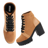 Shoetopia Women Tan Coloured Block Heeled Lace Up Boot,Tan,4,B09NSGBNM6