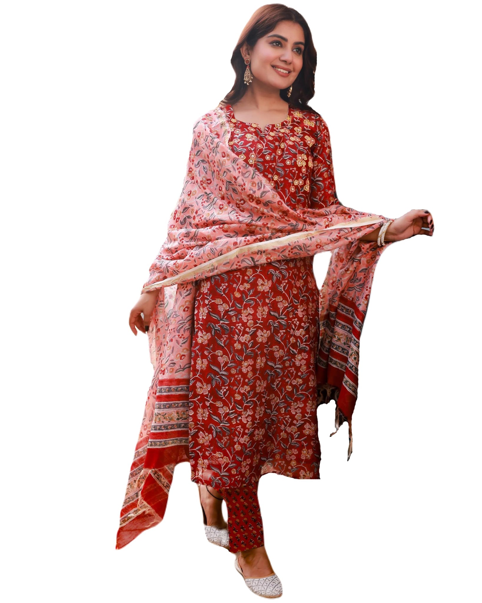 Gosriki Women'S Cotton Blend Straight Printed Kurta With Pant & Dupatta (Ja Gadi Red-Nw-Gs_Xl_Blue_X-Large),Red,,B0CV7THS4C