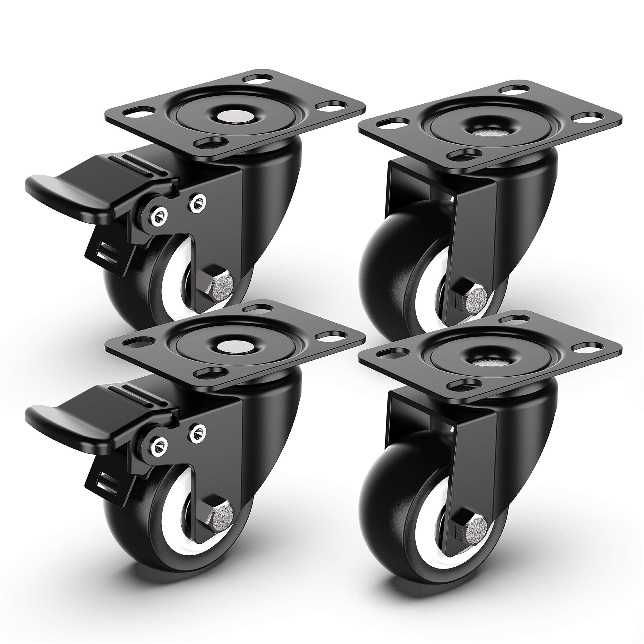 2 Inch Swivel Caster Wheels, Heavy Duty Plate Casters With Safety Brake Total Capacity 600Lbs For Set Of 4 (2 With Brakes And 2 