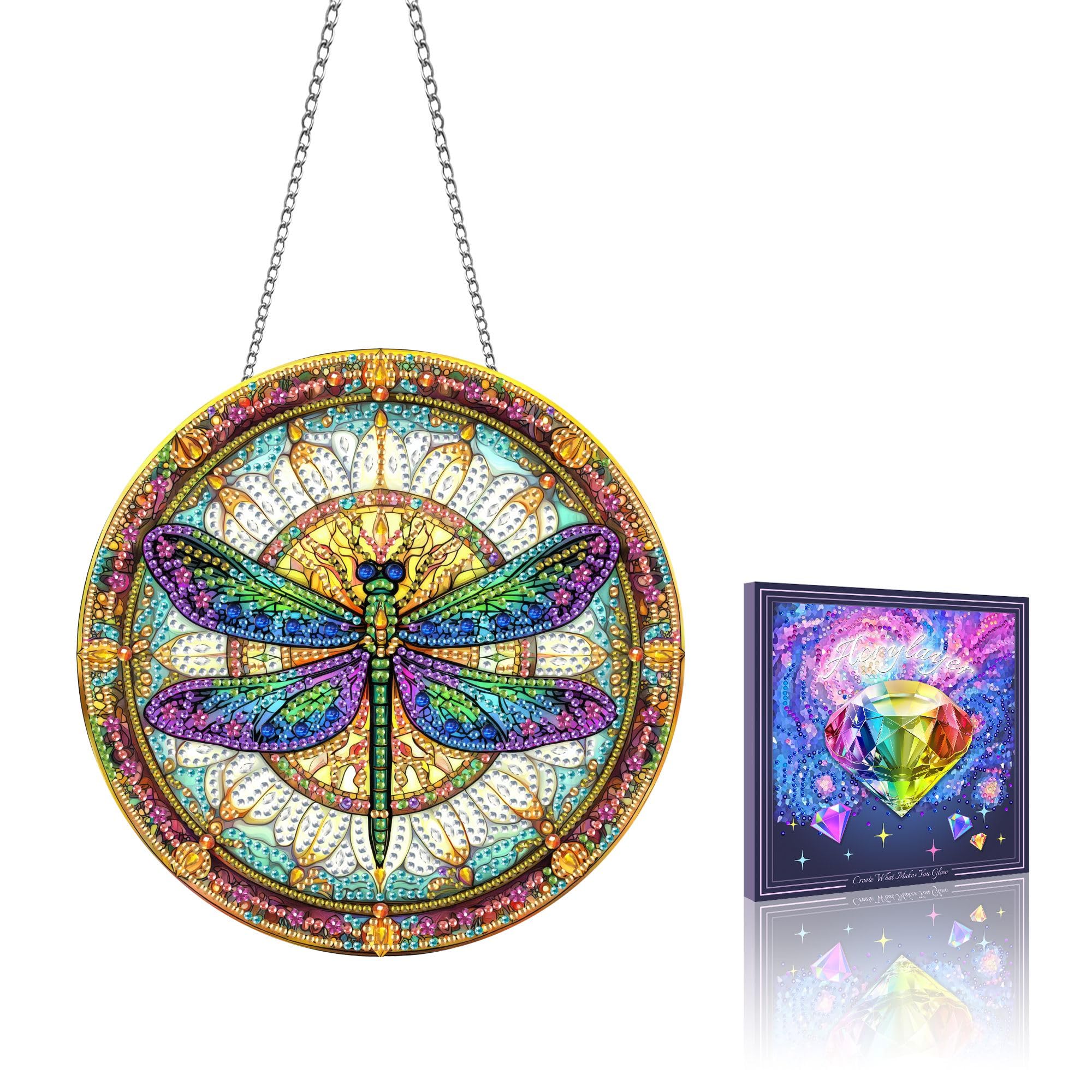 VAIIEYO Dragonfly Diamond Art Hanging Ornament, Animal Diamond Painting Suncatchers Window Hanging Kit with Chain, 7.5x7.5 inch 