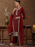 Libas Womens Embroidered Silk Blend Straight Kurta With Trousers And Dupatta Maroon Xs