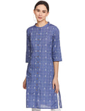 W Dark Blue Cotton Checked Regular Kurta for Women