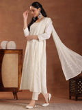 Libas Womens Embroidered Cotton Straight Kurta With Trousers And Dupatta Off White As Shown