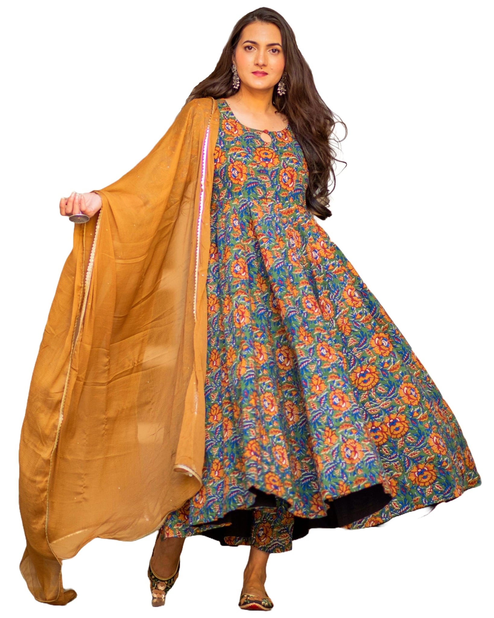 Anni Designer Women'S Rayon Blend Bagru Printed Anarkali Kurta With Pant & Dupatta (Locket-Multi_L_Mustard_Large),Mustard,L