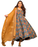 Anni Designer Women'S Rayon Blend Bagru Printed Anarkali Kurta With Pant & Dupatta (Locket-Multi_Xl_Mustard_X-Large),Mustard,XL