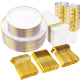 Supernal 350PCS Gold Plastic Plates,White and Gold Plastic Dinnerware Set,White Plastic Plates with Gold Rim,include 100 Plastic
