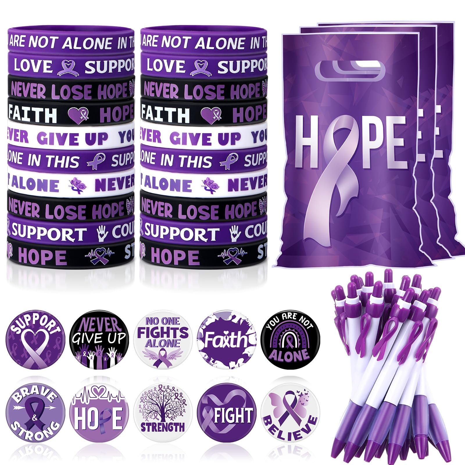 Supervitae 200 Pcs Purple Ribbon Awareness Accessories, Include 50 Purple Ribbon Gift Bags 50 Purple Awareness Wristband 50 Purp