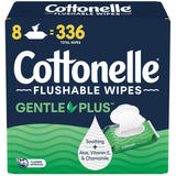 Cottonelle GentlePlus Flushable Wet Wipes with Aloe & Vitamin E, 8 Flip-Top Packs, 42 Wipes Per Pack (336 Total Wipes), Packagin