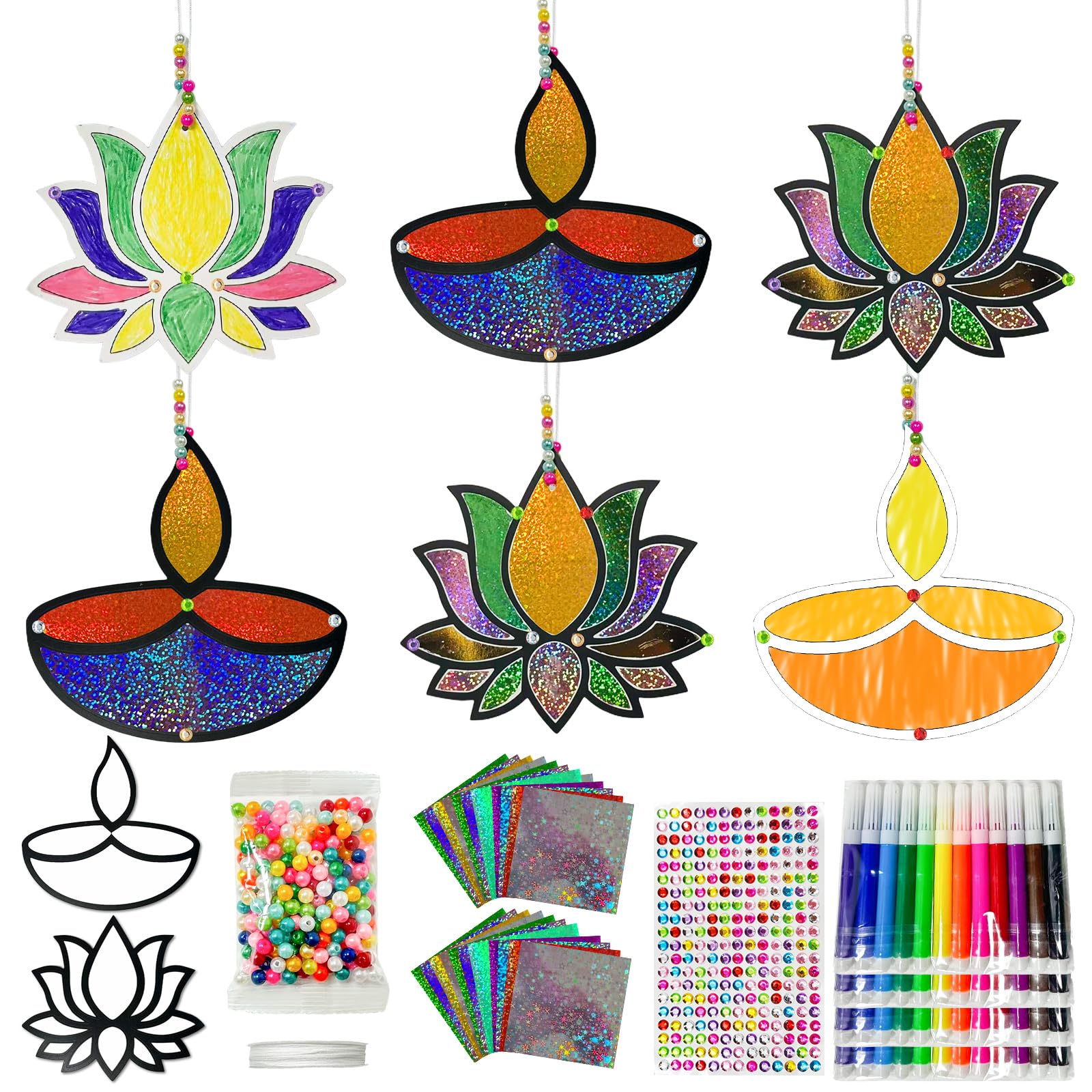 Cinrobiye 24 Set Happy Diwali Craft Kits Diwali Party Favors Foil Art DIY Lotus Flower Hanging Ornaments Festival of Lights Deep