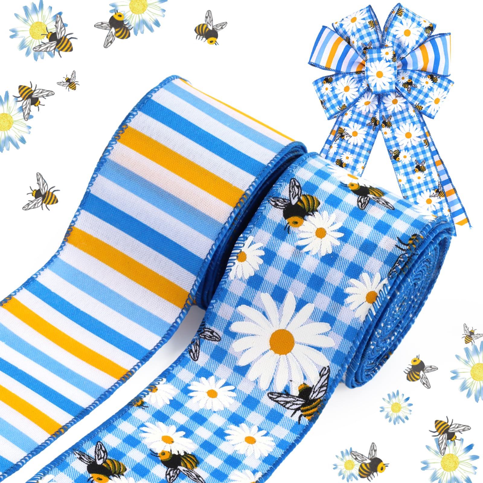LaRibbons Floral Ribbon Wired 2 Rolls 2.5 Inch x 12 Yards TTL, Blue Daisy Floral and Bee Burlap Ribbon with Plaid and Striped Pr