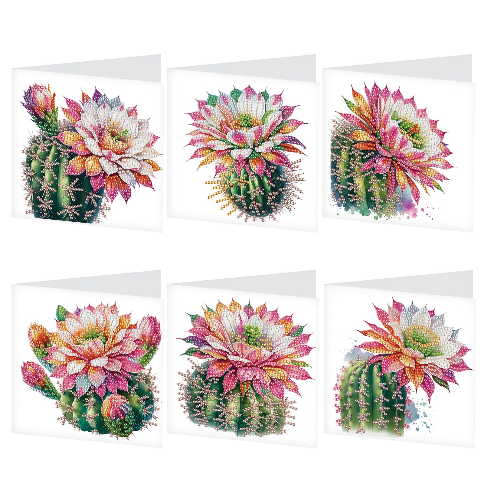 Tontut 6pcs Diamond Art Painting Kit Greeting Card, Cactus Flower 5D DIY Diamond Handmade Holiday Glitter Greeting Card with Env
