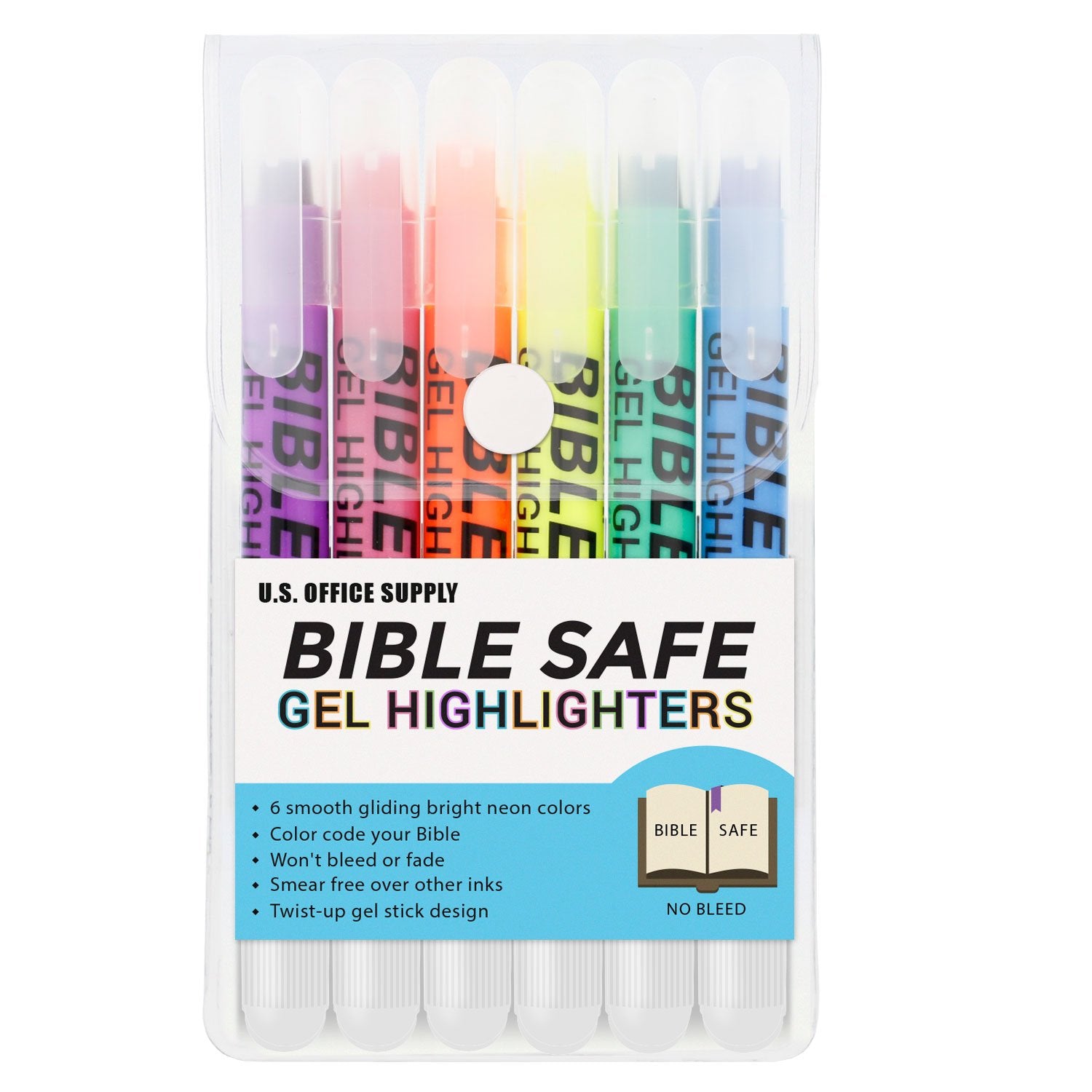 U.S. Office Supply Bible Safe Highlighter Set Of 6 Bright Flouresent Colors, Dry Bible Highlighters No Bleed, Fade Or Smear, Safe Gel Markers, Accessories, Study Guide,Highlighters