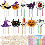 JellyArch 30 Pack Halloween Wind Chime Making Kit for Kids Make Your Own Wind Chime Ghost Spider Wooden Crafts Ornaments for Gir