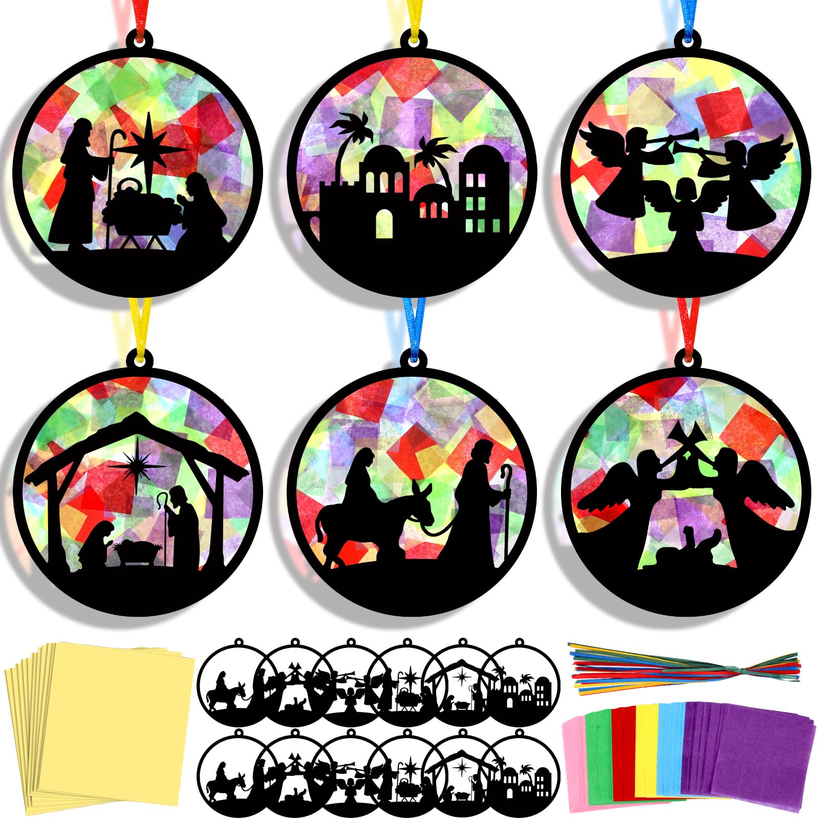 AmazingSpark 30 Pcs Christmas Nativity Suncatchers Paper Craft Set Xmas Birth of Jesus DIY Stained Glass Effect Tissue Paper Kit