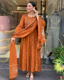 Gosriki Women'S Rayon Viscose Anarkali Embroidered Kurta With Pant & Dupatta (Kesriya Rust-Gs_M_Rust_Medium),Rust,,B0F6335RZ8
