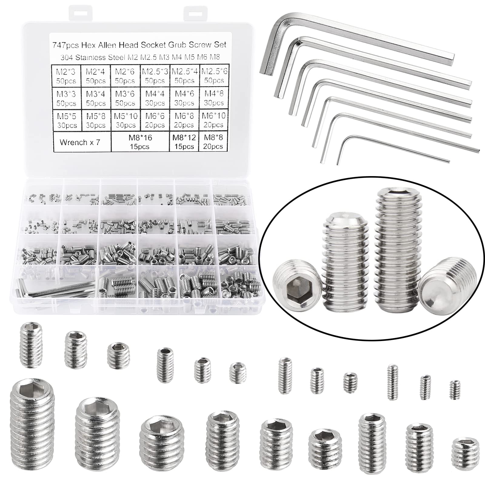 Hantof 747Pcs M2/M2.5/M3/M4/M5/M6/M8 Metric Hex Socket Head Cup Point Set Screws, Allen Head Grub Screws, Internal Hex Drive Hea
