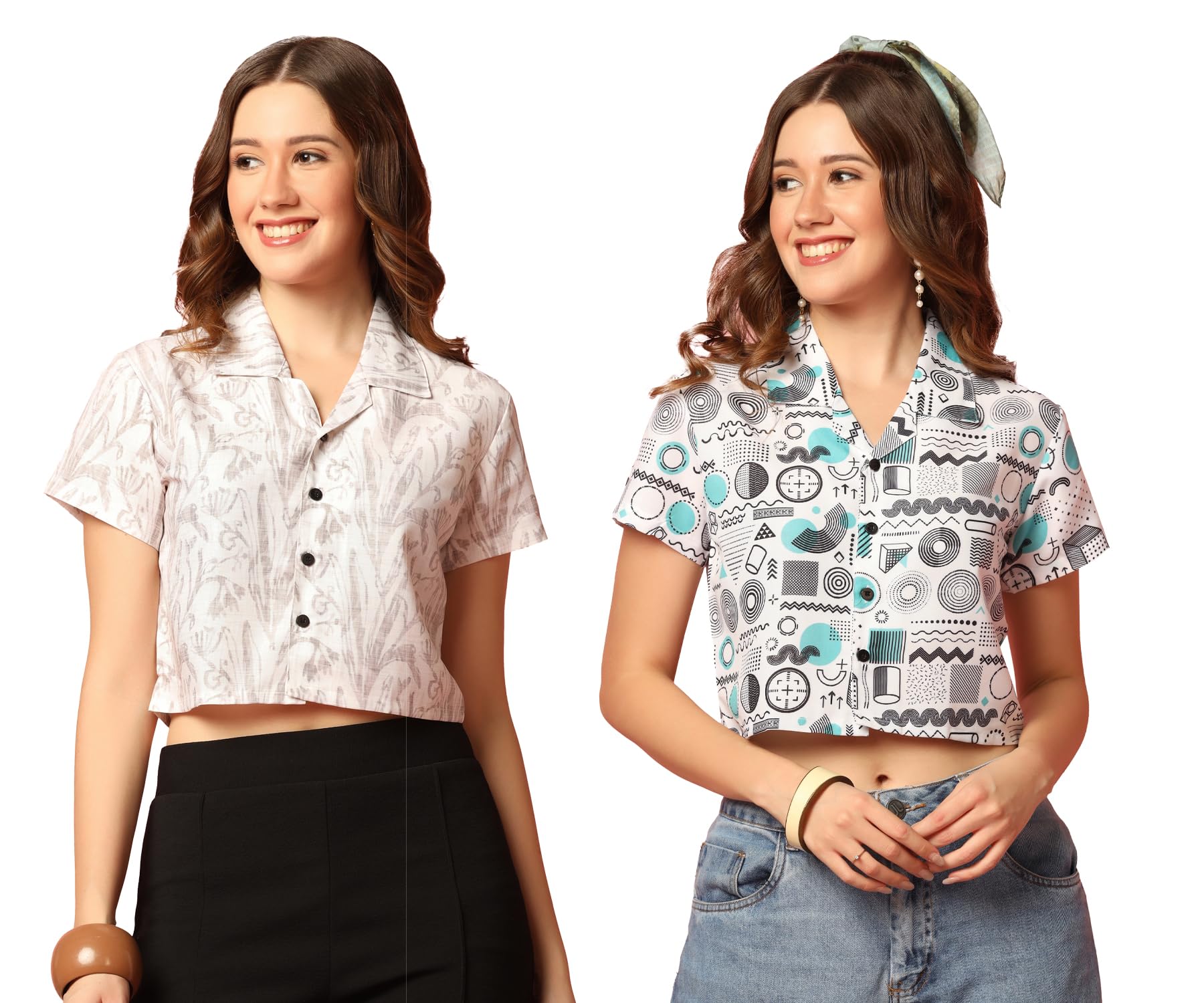 Toplot Women'S Casual Printed Crop Shirt With Half Sleeve Pack Of 2 (Combo-5059-Rou-Wht-M),Round-White,,B0CFTYB5PJ